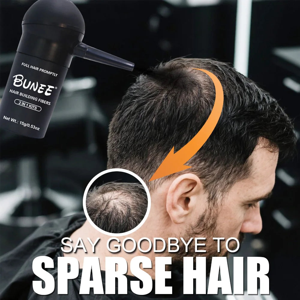 BUNEE Hair Fiber Powder with integrated sprayer. Ready to use instantly—no assembly required. Covers hairlines for added volume.