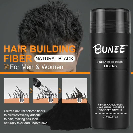 BUNEE Hair Fiber 27.5g: Men's natural hair-thickening fibers for balding areas, fills part lines, includes 27.5g fiber powder.