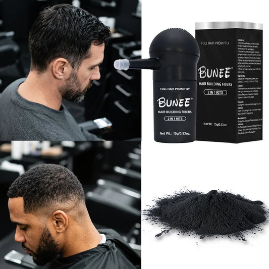BUNEE Hair Fiber Powder with integrated sprayer. Ready to use instantly—no assembly required. Covers hairlines for added volume.