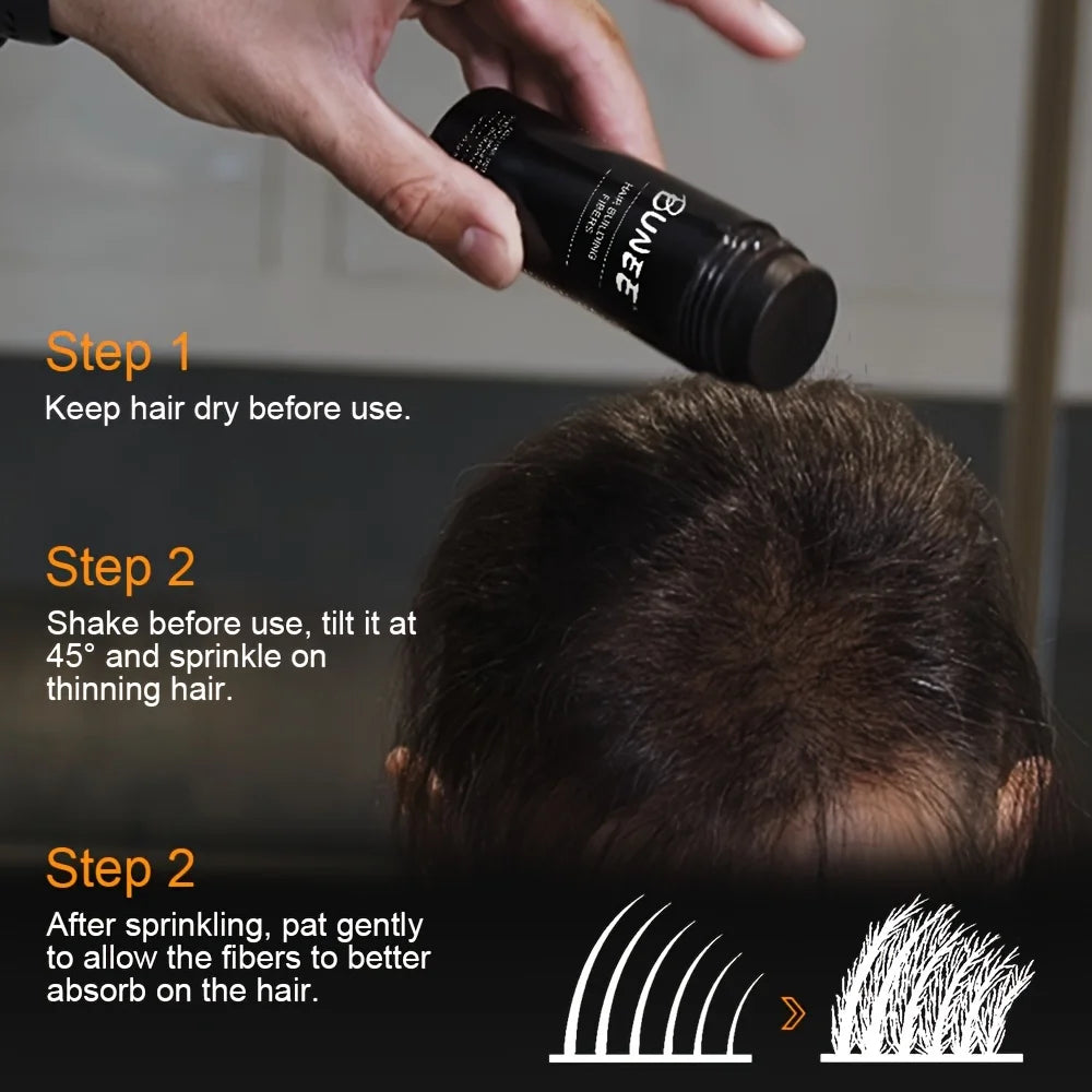 BUNEE Hair Fiber 27.5g: Men's natural hair-thickening fibers for balding areas, fills part lines, includes 27.5g fiber powder.
