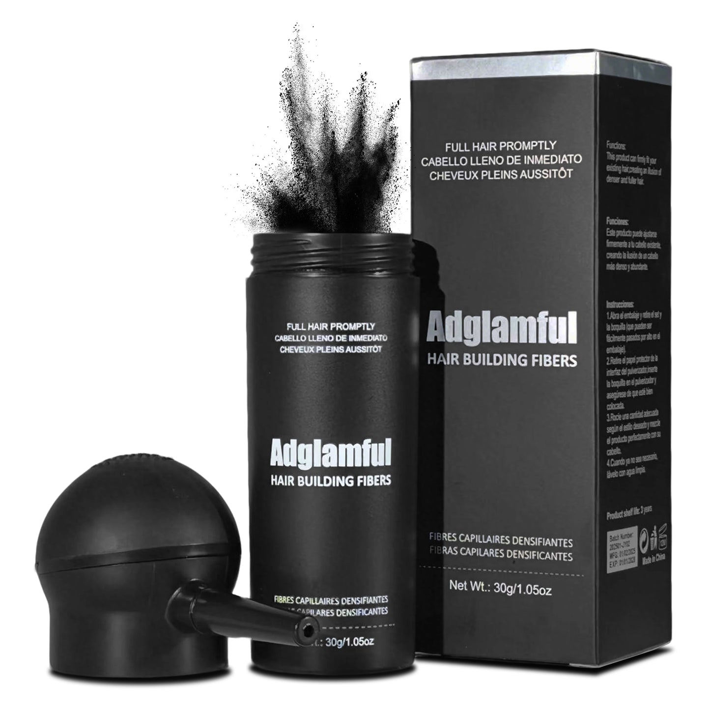 Adglamful 2-In-1 Hair Building Fiber Powder 30g for thinning hair areas, unisex, natural invisible & instant absorption