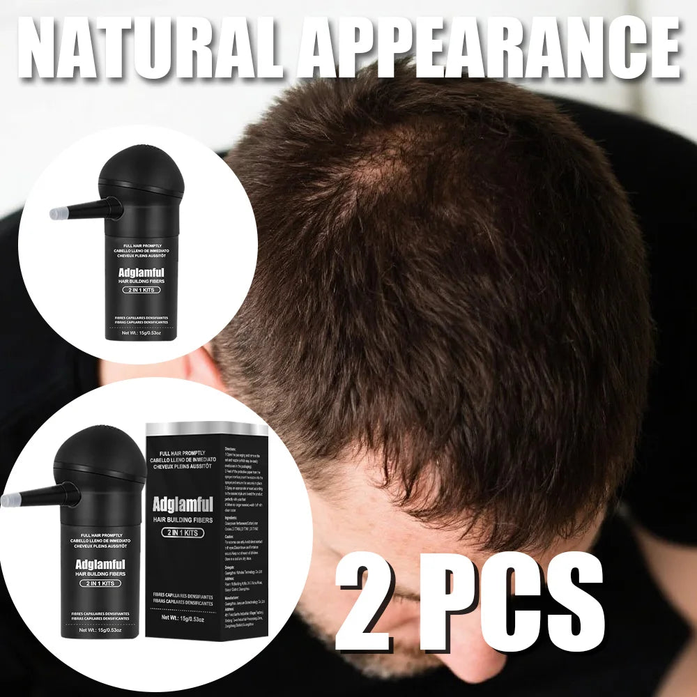 Adglamful 15g 2-IN-1 Hair Fiber Powder Set 2pcs. Fills thinning areas, hair part & hairline. For men & women.