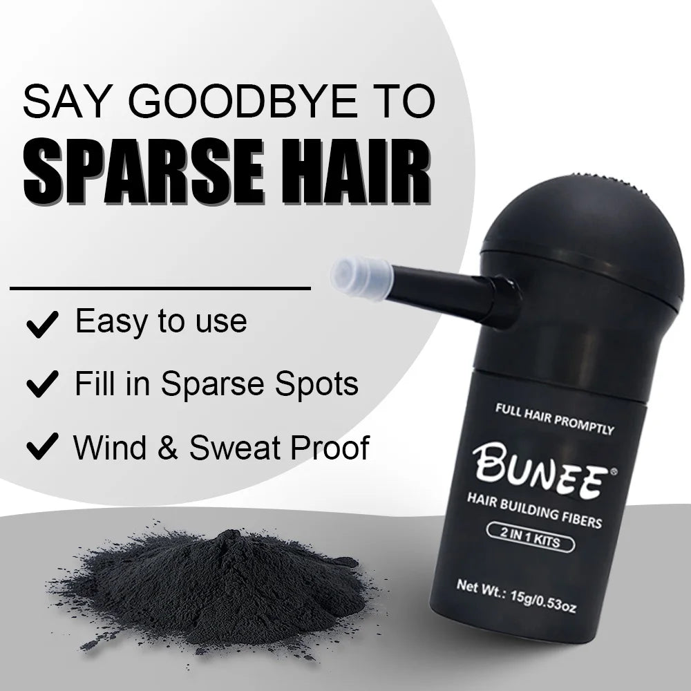 BUNEE Hair Fiber Powder with integrated sprayer. Ready to use instantly—no assembly required. Covers hairlines for added volume.