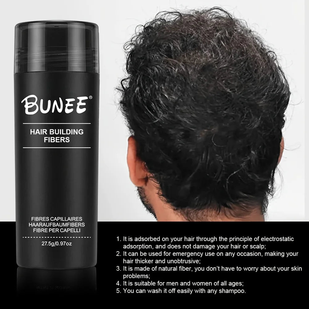 BUNEE Hair Fiber 27.5g: Men's natural hair-thickening fibers for balding areas, fills part lines, includes 27.5g fiber powder.