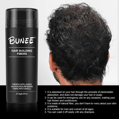 BUNEE Hair Fiber 27.5g: Men's natural hair-thickening fibers for balding areas, fills part lines, includes 27.5g fiber powder.