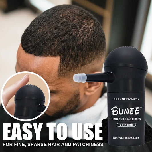 BUNEE Hair Fiber Powder with integrated sprayer. Ready to use instantly—no assembly required. Covers hairlines for added volume.