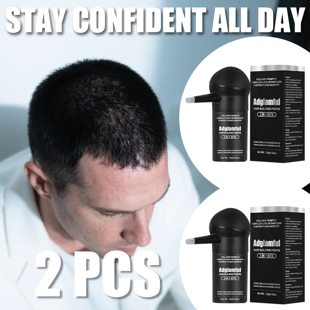 Adglamful 15g 2-IN-1 Hair Fiber Powder Set 2pcs. Fills thinning areas, hair part & hairline. For men & women.