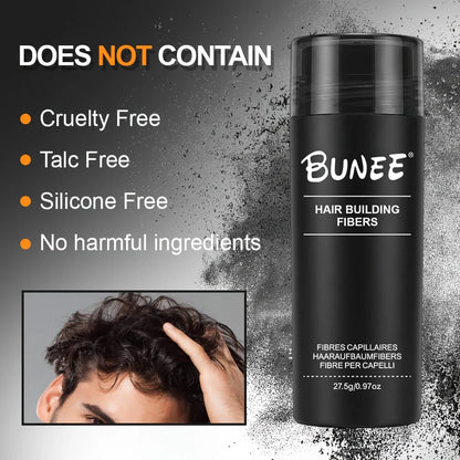 BUNEE Hair Fiber 27.5g: Men's natural hair-thickening fibers for balding areas, fills part lines, includes 27.5g fiber powder.