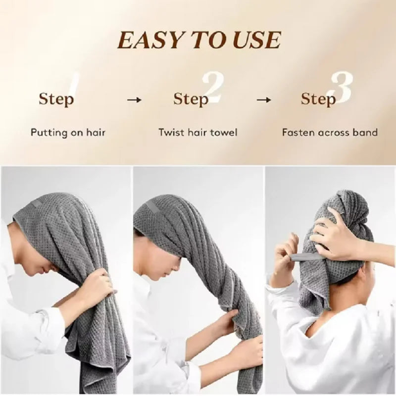 Microfiber Hair Towel Wrap, Super Absorbent Quick Dry Hair Turban, One-Piece Waffle Drying Cap with Elastic for Long Curly Hair