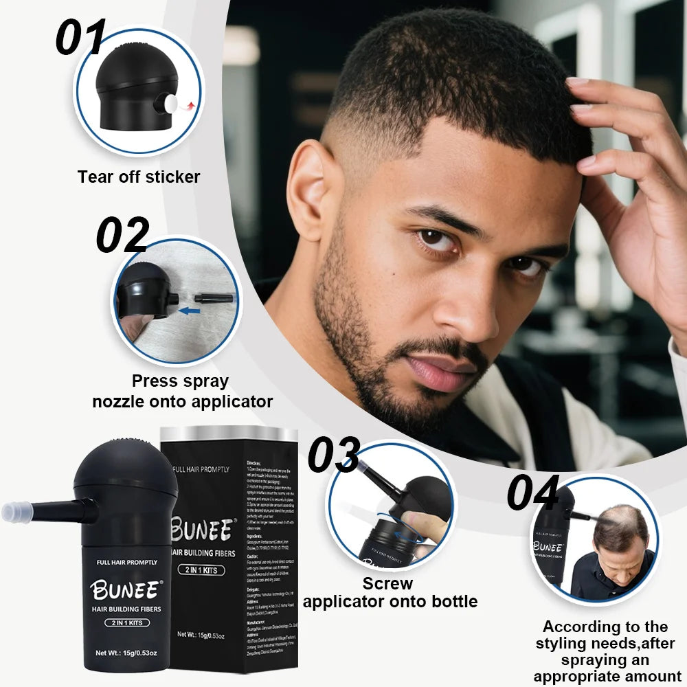 BUNEE Hair Fiber Powder with integrated sprayer. Ready to use instantly—no assembly required. Covers hairlines for added volume.