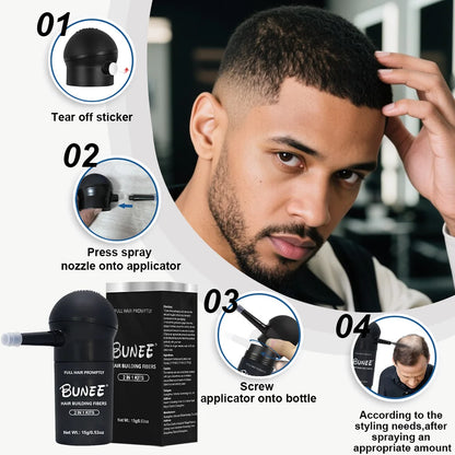 BUNEE Hair Fiber Powder with integrated sprayer. Ready to use instantly—no assembly required. Covers hairlines for added volume.