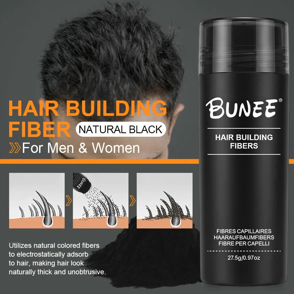 BUNEE Hair Fiber 27.5g: Men's natural hair-thickening fibers for balding areas, fills part lines, includes 27.5g fiber powder.