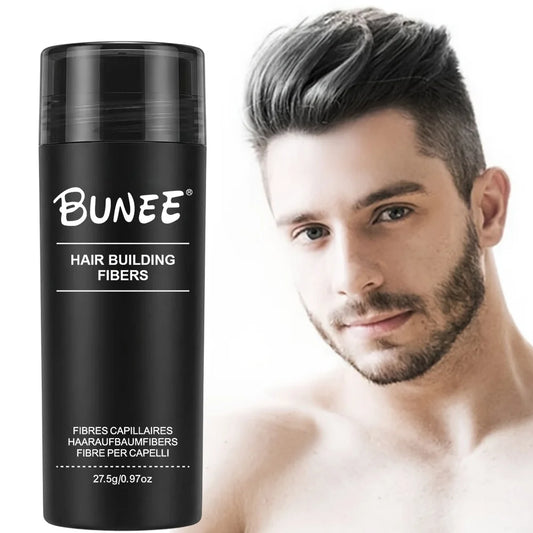 BUNEE Hair Fiber 27.5g: Men's natural hair-thickening fibers for balding areas, fills part lines, includes 27.5g fiber powder.