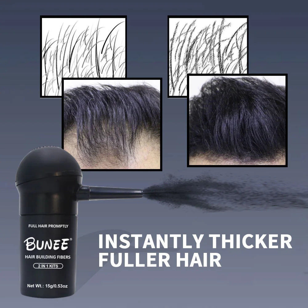 BUNEE Hair Fiber Powder with integrated sprayer. Ready to use instantly—no assembly required. Covers hairlines for added volume.