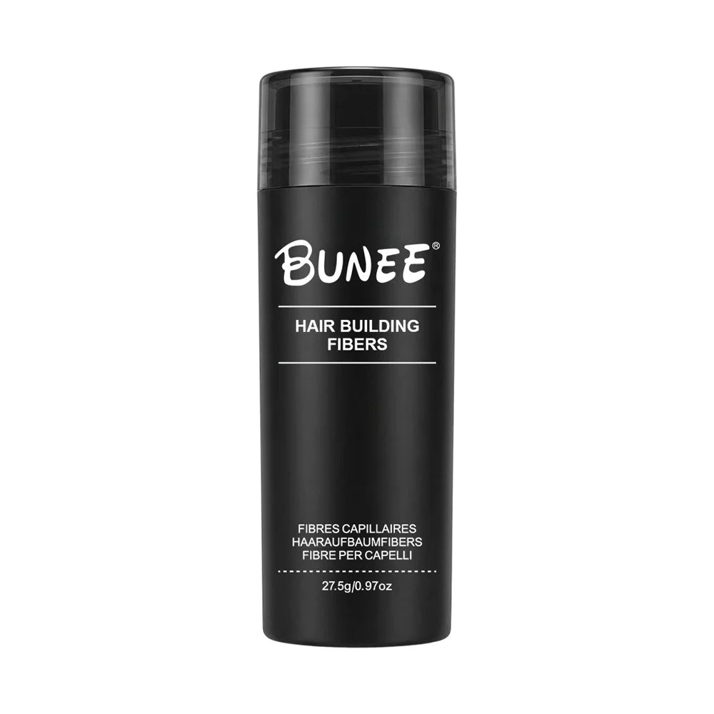 BUNEE Hair Fiber 27.5g: Men's natural hair-thickening fibers for balding areas, fills part lines, includes 27.5g fiber powder.