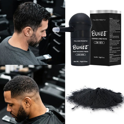 BUNEE Hair Fiber Powder with integrated sprayer. Ready to use instantly—no assembly required. Covers hairlines for added volume.